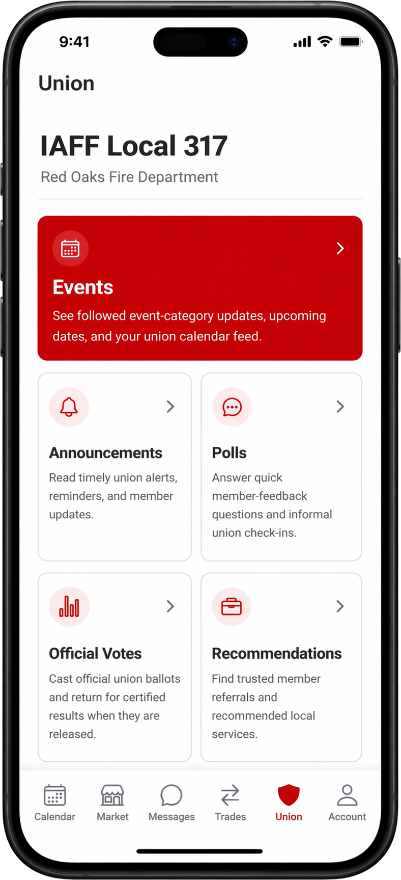 Platoon mobile union home screen with announcements, events, polls, votes, and member resources